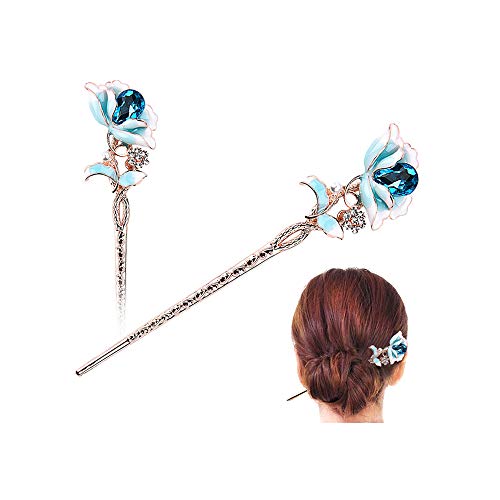 Famhome pelo chino palillos decoración rhinestone pelo horquillas florecen del palillo metálico con caja de joyería Azul