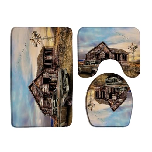 Vintage Farm Truck 3 Pcs Bath Rugs Set,Rustic Wooden Barn Old Antique Car Farmhouse Windmill American Country Bathroom Kitchen Rug with 17.8