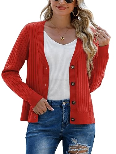 Image of Women's Rust Red Casual Dressy Stirped Cardigan with V Neck Button Sweaters Crew Neck Lady Lightweight Jacket 2024 Fall Winter Size XXL