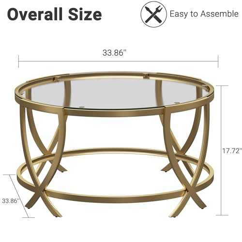 ASYA Round Coffee Table for Living Room, Gold Coffee Table with Tempered Glass & Metal Frame, Modern Glass Living Table for Home&Office - Image 3