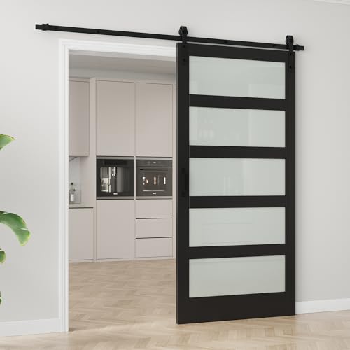 Image of 42 inchx84 inch Frosted Glass Barn Door with 7FT Sliding Hardware & Handle, Black