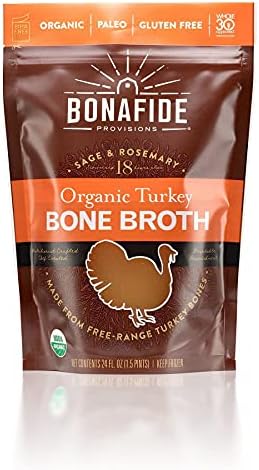 Bonafide Provisions Fresh Organic Turkey Bone Broth, Frozen 24 fl oz – Gluten-Free, Paleo, Keto and Whole 30 Approved. For Sipping & Cooking