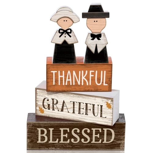 Lineshading 4 Pcs Fall Table Decoration Wooden Pilgrim Couple Decor Thanksgiving Tiered Tray Decor Fall Centerpiece Rustic Decorative Pilgrim Block Signs Gift Farmhouse for Home Kitchen Shelf