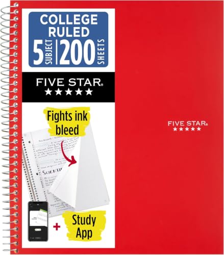 Image of Five Star Spiral Notebook + Study App, 5 Subject, College Ruled Paper, 8-1 /2 inch x 11 inch, 200 Sheets, Fights Ink Bleed, Water Resistant Cover, Fire Red (72077), (Pack of 6)