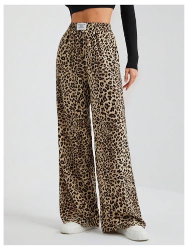 Image of RoseSeek Women's Letter Leopard Print Y2K Straight Elastic Waist Leg Pants | Cheetah Print, Straight, Baggy Loose Fit, Slant Pocket, Streetwear, Vintage, Graphic Trousers