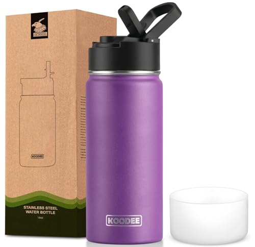 Image of koodee Water Bottle 16 oz Stainless Steel Double Wall Vacuum Insulated Water Bottle for Kids School -Wide Mouth Sports Metal Water Flask for Girls(Purple)