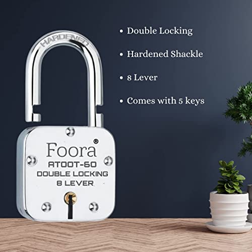 Image of Foora ATOOT-60 Double Locking Padlock, 8 Lever Security, Hardened Shackle, 60mm, 5 Keys, Silver
