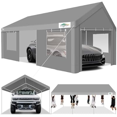 HOTEEL 12x20ft Carport Heavy Duty, Portable Garage with Removable Sidewalls, Ventilated Windows & Built-in Sandbags, Car Canopy for Truck, Boat, SUV with All-Season Tarp, Waterproof, Gray
