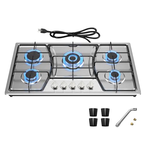 Nafewin 36 inch Gas Cooktop Gas Stove Top with 5 High Efficiency Burners Built-in Stainless Steel Propane Cooktop with Thermocouple Protection NG/LPG Two Conversion
