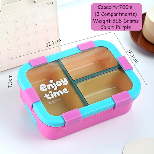 Image of Kids Tiffin Box Leakproof Lunch Box with 3 Compartments & Spoon | Food Grade BPA-Free Plastic Bento Lunch Box for School Boys & Girls | Airtight Snack Container for Kids & Office Use (700ml)