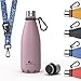 Daikoku Bottiglia in acciaio inossidabile + cinturino regolabile + moschettone, Thermos a doppia parete senza BPA, bottiglia d'acqua riutilizzabile, tappo ermetico, colore rosa, capacità 350 ML