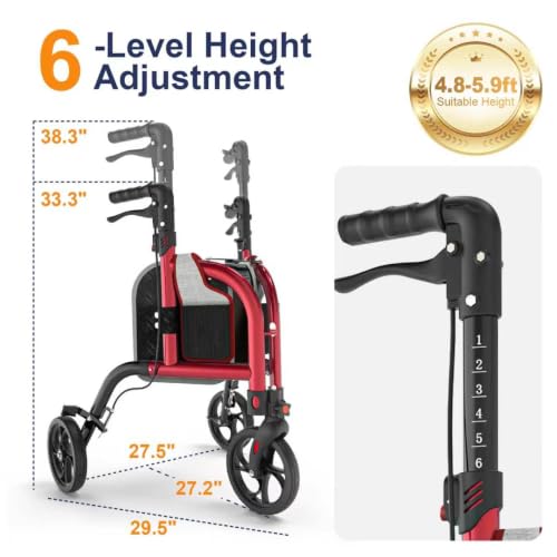 Image of 3 Wheel Walkers for Seniors, Foldable Narrow Wheeled Rollator, Red