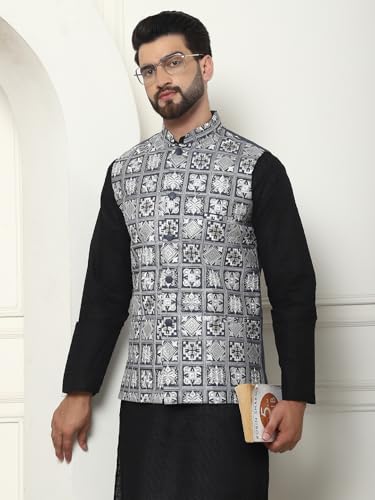 Image of SOJANYA (Since 1958 Men's Cotton Chikankari Kurta and White Pyjama with Embroidered Nehru Jacket