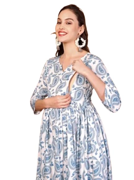 Paisley Print Maternity Midi Dress, 3/4 Sleeve, White and Blue, Rayon-picture-21