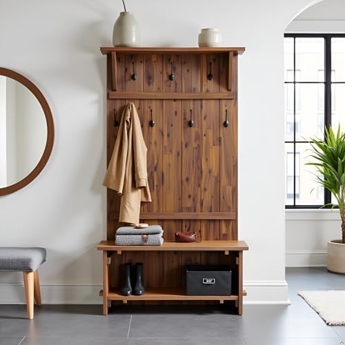 Alaterre Furniture Bethel 70-Inch Acacia Wood Hall Tree with Bench, Storage Shelves & Metal Coat Hooks – Entryway Organizer for Mudroom, Hallway, or Kitchen (Natural Aged Brown Finish)