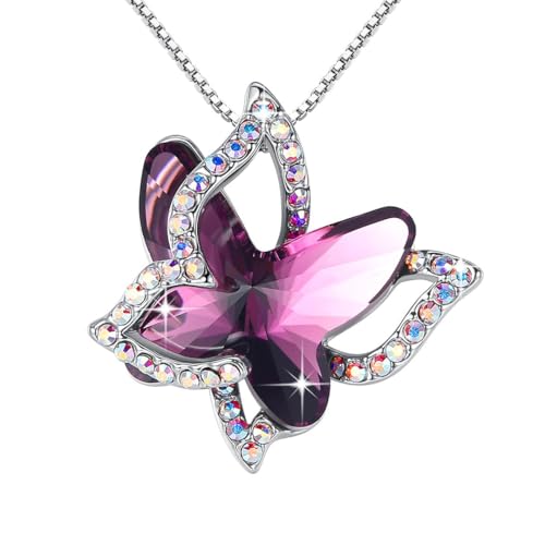 GEMMANCE Valentine's Day Gift Butterfly Birthstone Crystal Necklace, Silver Tone
