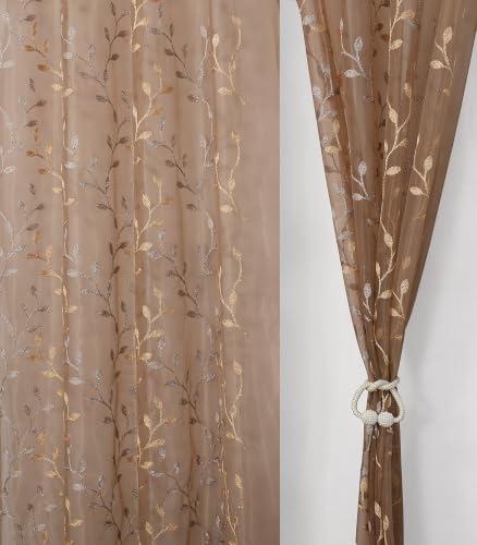 Image of Fabrilia Sheer Tissue Embroidery Curtain for Living Room, Bedroom & Dining Area | Leaf Vine Pattern Net Eyelet Curtain | Brown with Gold Touch Design | 9 feet Long Set of 2 Curtain