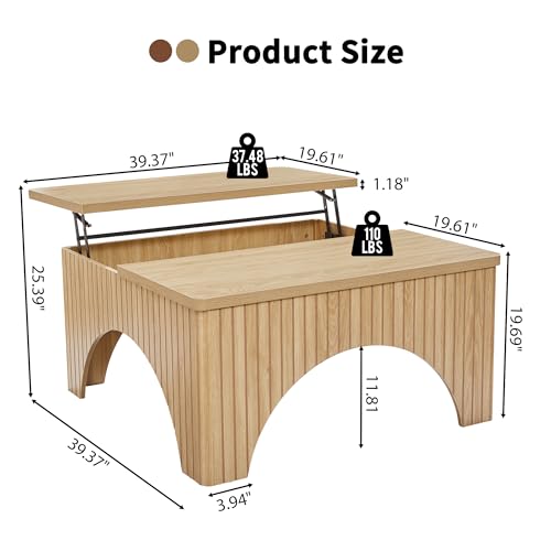 MAHYIZYI Square Coffee Table, 39'' Large Lift Top Coffee Table with Flip-Top Hidden Compartment Farmhouse Fluted Center Table Wooden Tea Table for Living Room, Apartment, Office (Natural) — view 2