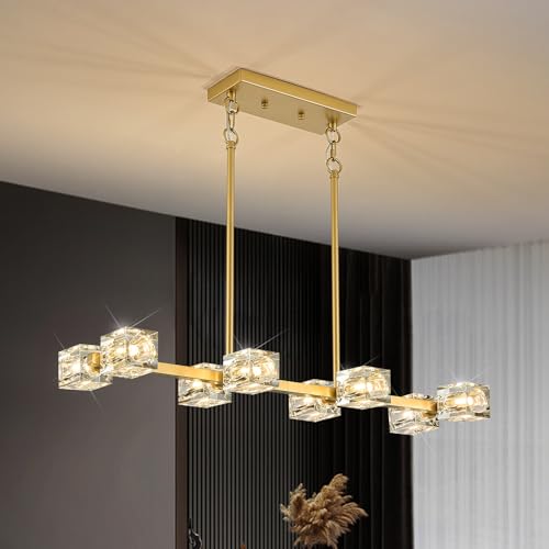 Image of Modern Crystal Chandelier 8-Light Gold Sputnik Ceiling Pendant Lights L 31.5 inch Dining Room Hanging Light Fixture for Kitchen Island Over Table Living Room Bedroom