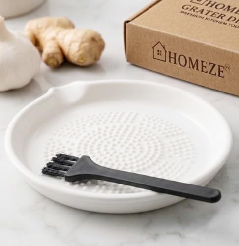 Image of Homeze Premium Ceramic Garlic Grater Plate with Cleaning Brush | Easy Clean Ginger Grinder & Garlic Crusher for Kitchen | Non-Slip Durable Grating Dish