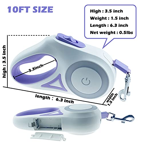 Dog Leash Retractable Dogs Leashes With Led Bright Flashlight Walking Leashes For Puppy Small Medium Dogs Leash One Handed Brake Free Movement One Button Disconnect And Lock(Purple(10Ft) #TOP2