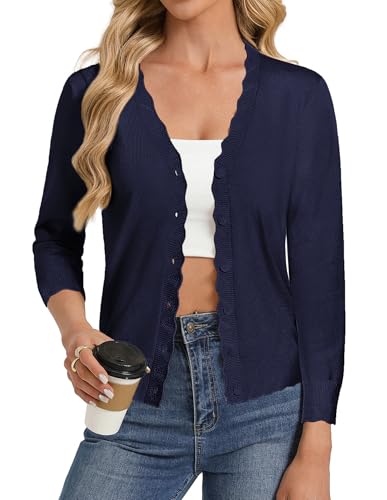 Image of GRACE KARIN Women's Cardigans Casual Lightweight V Neck Scalloped Cardigan Sweater Ladies Soft Long Sleeves Button Down Knitwear for Summer Fall Evening Wedding L Navy Blue