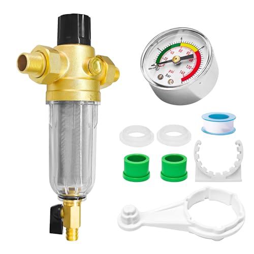 FORTSPANG Regulador de presión de agua de 1 pulgada, con manómetro y filtro de filtro, regulador de presión para agua potable de 3/4 pulgadas, regulador de presión de latón, regulador de presión de