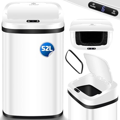 KESSER® Cubo de Basura de Cocina automático con Sensor de Movimiento, Panel táctil y Sensor, Pantalla LCD, Acero Inoxidable, Incluye Soporte para Bolsas de Basura, 52 litros - Blanco