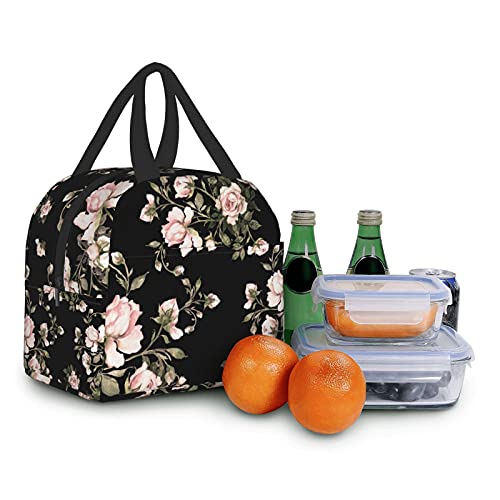 Dadabuliu Lunch Bag Watercolor Rose Pink Flower Black Insulated Lunch Box Cooler Tote For Adults Kid Girl Women Work Office School Picnic Beach Reusable Lunchbox Over 3 Years Old #TOP5