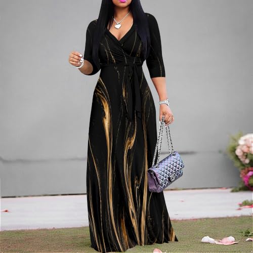 Image of Plus Size Maxi Dress for Women V Neck 3 /4 Sleeve Wrap Dress Black Gold XXL | Black Gold Floral Women's Maxi Dress