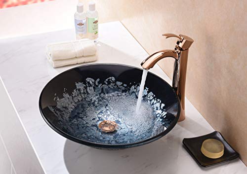 Anzzi Chrona Tempered Glass Vessel Bowl Sink In Silver Burst, Flower Top Mount Bathroom Sinks Above Counter, Navy Asian Floral Pattern Round Vanity Countertop Sink Bowl With Pop Up Drain, Ls-Az212 #TOP2