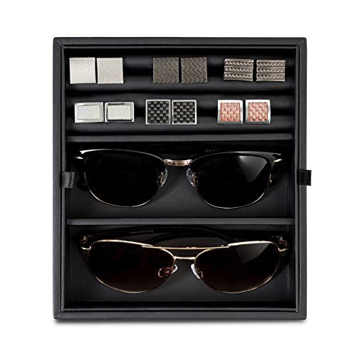 Glenor Co Valet Jewelry Box For Men - Holds 6 Watches, 12 Cufflinks, 2 Sunglasses & Tray Storage - Mens Watch Case - Carbonfiber Organizer W Metal Accents, Pu Leather & Large Glass Lid - Black #TOP6