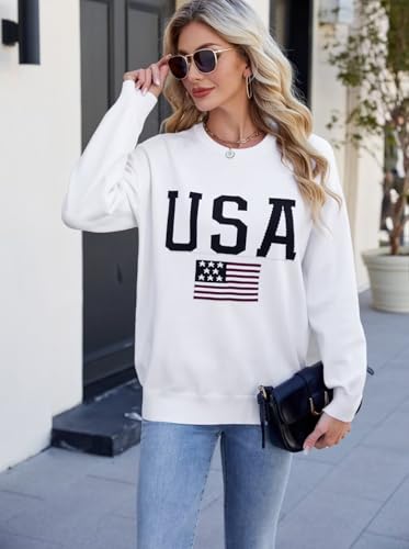 Image of Dressmine Womens American Flag Knit Sweater Crew Neck Long Sleeve Pullover | Casual Loose Graphic Outfits, Fall Sweatshirts, Trendy Clothes, Cute Patriotic Shirt, 2026 Cozy Elasticity Winter Tops