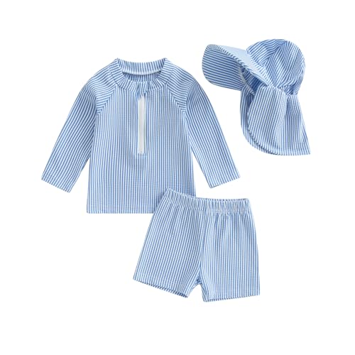 BeliBacca Toddler Baby Boy Rash Guard Set Stripe Print Long Sleeve Zip Up Top Swim Truck with Hat 3pcs Infant Swimsuit Boy Newborn Bathing Suit (Blue, 18-24 Months)