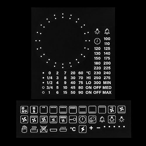 HALLMERS 36x Function Symbols + 45mm 52mm Dotted Dial Separate Custom Timer Oven Temperature Celcius Control Panel Labels (White Print Clear Adhesive) Replacement Sticker Temp Knob Electric Gas Grill