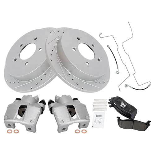 Image of TRQ Performance Rear Brake Pad and Rotor Set Ceramic Slotted Drilled Calipers Compatible with 1999-2003 Ford F-150 Lightning 2002-2003 F-150 Harley-Davidson Edition 2004 F-150 Heritage SVT Lightning