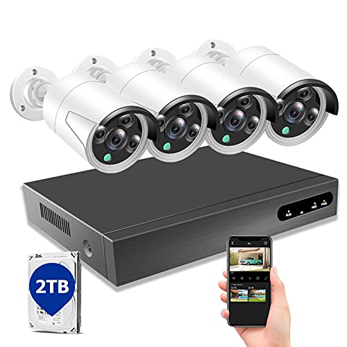 PoE Security Camera System, 5MP NVR Security Camera System, 4pcs Wired Outdoor IP Cameras with 2TB HDD for 24-7 Recording, H.265 + Home Security Camera with Night Vision, 2-Way Audio[8CH Expandable]