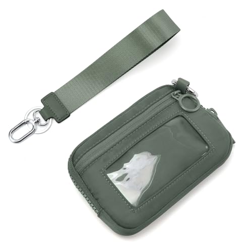 Image of The Iris Wallet Zipper Mini Coin Purse Keychain ID Holder Wallet | Zip Card Case with ID Window Purses for Women Mini Portable Keychain Wallet,Olive Green with Lanyard