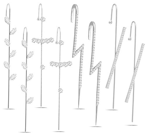 8pcs Ear Cuffs Crawler Hook Earrings for Women Silver Hypoallergenic Piercing Ear Wrap Climbers Earrings Simple Pearl Cubic Zirconia Rhinestone Hoop Earrings(silver)