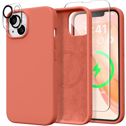 Coque iPhone 15 rose pomelo GONEZ en silicone avec protection écran et objectif photo Magsafe