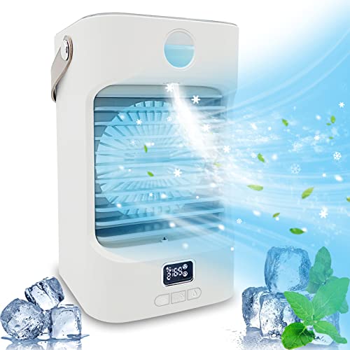 【2022年夏新版】冷風機 冷風扇 ミニクーラー 卓上冷風機 小型 卓上 扇風機 4000mAh大容量 スポットクーラー 左右自動首振り 3段階風力調節 「4in1機能搭載」 送風 冷却 加湿 空気清浄 マイナスイオン 氷いれ可能 上下角度調整 USB充電式 省エネ 液晶画面 7色LEDライト ポータブルエアコン 抗菌 防カビ フィルター 静音設計 コンパクト 熱中症と暑さ対策 車中泊 オフィス 寝室 自宅用 日本語説明書 一年安心保証 ホワイト