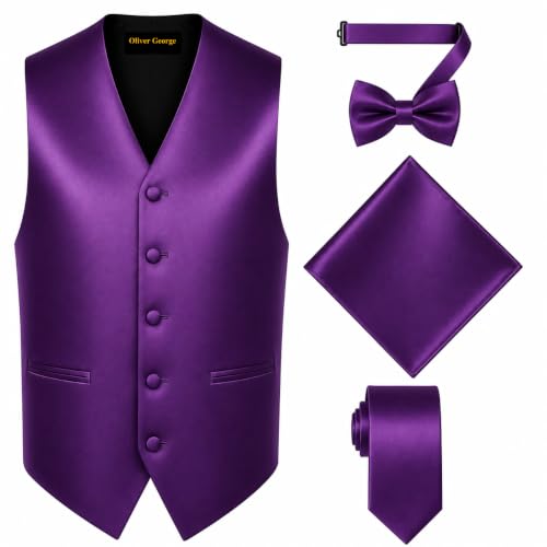 Image of Oliver George 4pc Men's Solid Formal Suit Waistcoat Tuxedo Dress Vest Necktie Bowtie Handkerchief Set for Suit or Tuxedo
