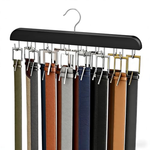 Belt Hanger for Closet Max 42 Belts, Sturdy Wood Belt Rack Closet Accessories with 14 Hooks Belt Organizer for Closet Organizers and Storage -Black 1 Pack