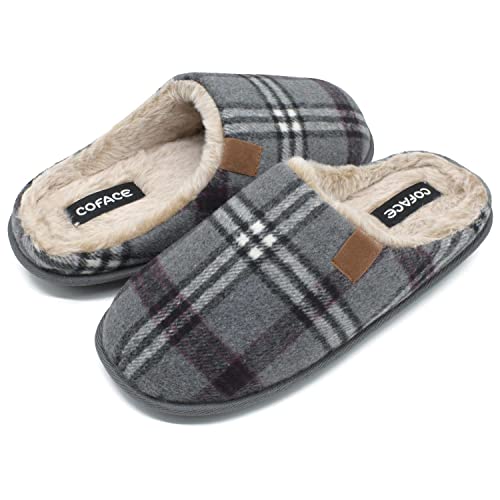 Coface Mens Grey Flano Plaid Cozy Memory Foam Scuff Slippers Slip On Warm House Shoes Indoor/Outdoor With Best Arch Surpport Size 9 #TOP1