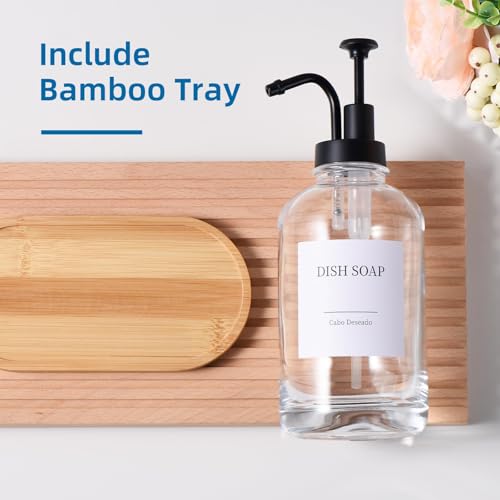 Image of Glass Soap Dispenser with Pump, Dish and Hand Soap Dispenser for Kitchen Bathroom Set, Clear Glass Dispenser Set of 2 Pack with 18 Stickers Funnel Bamboo Tray 500ml 18oz / Each Bottle Sliver Pump