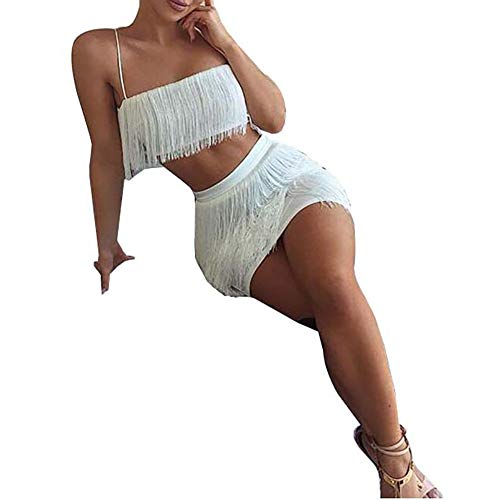Womens Sexy 2 Piece Outfits Sleeveless Crop Top Feather Tassels Bodycon Mini Dress Outfits Clubwear3