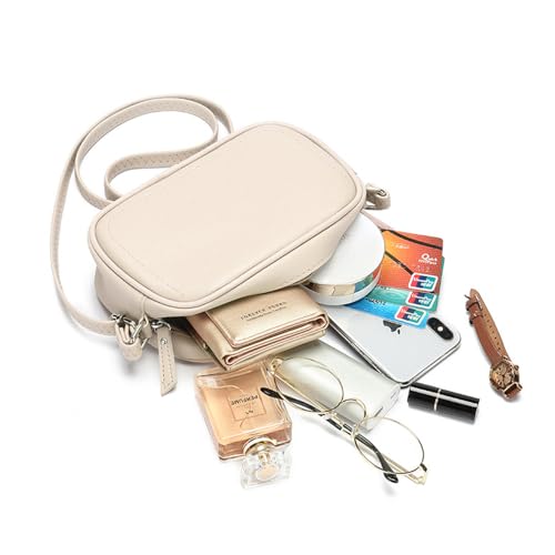 QKEPCY Damen Handy Umhängetasche Echtes Leder Crossbody Bag Damen Handytasche zum Umhängen Umhängetasche Damen Klein Moderne Taschen (Beige)