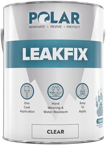 Polar Clear Leak Fix Paint - 85 oz - One Coat Waterproof Sealant with Reinforced Fibers, Instantly Seals Leaks & Cracks for Roofs, Drainpipes and Gutter Repairs for Exterior Use