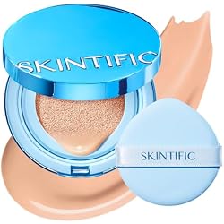 SKINTIFIC Velvet Matte Cushion Foundation Blue #03 Petal | Full coverage matte finish, one-swipe flawless, oil control, long-lasting pore-blurring pressed powder for oily skin.