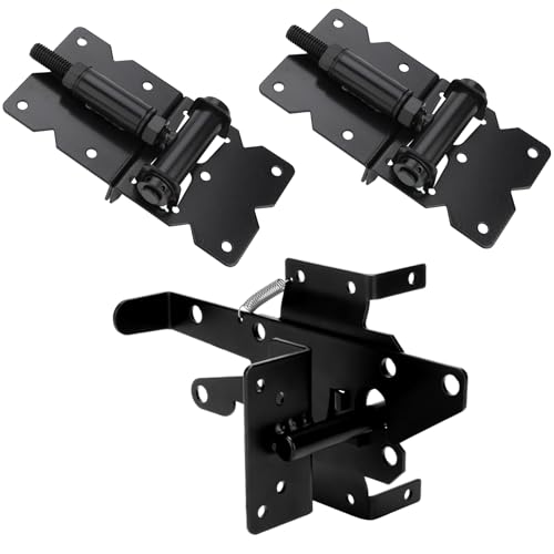 Dreamxiang Heavy Duty Self Closing Gate Hinge and Self Locking Latch Hardware Kit for Wooden/Vinyl Fence, Stainless Steel 90 Degree Adjustable Hinges&Post Mount Automatic Gate Lock, Black Finish,1Pack by Dreamxiang - Used condition - US$33.71
